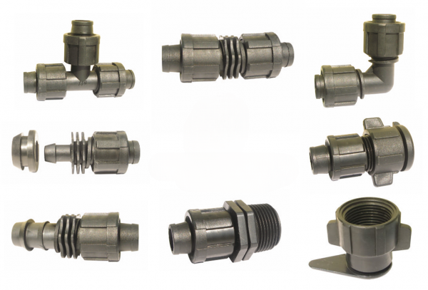 Verbinder Tape, Tape x Tape, Tape x 3/4" AG, Anfangsstück Tape x Flat Flachschlauch, Tape x PE Anschluss, Tape 16 mm, Tape 22 mm Fittings / Verbinder (Tape Verbinder / Fittings für T-Tape, Aqutraxx usw.: T-Stück Verbinder Tape 16 mm x 16 mm x 16 mm Tape x Tape x Tape) 6.36-VTST16