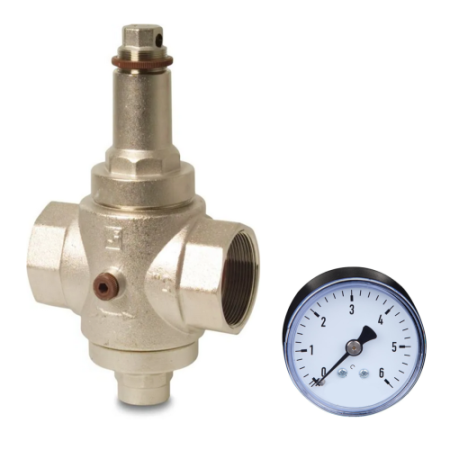 Druckminderer aus Messing Vernickelt inkluive Manometeranschluss und Manometer 0-10 bar, Modell: Itap Druckminderer / Druckreduzierung
