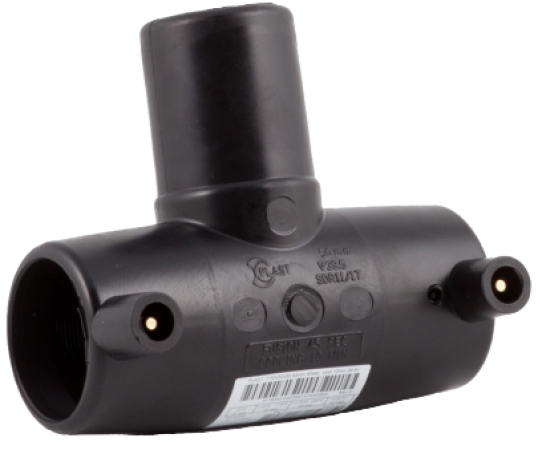 PE Elektrosch T-Stück - PE Elektrofusion T-Stück für PE-Rohre, 63, 75, 90, 110, 125 Typ: Elektroschweiß T Stück ( Elektroschweiß T-Stück / Elektrofusion T-Stück: 63 x 63 x 63 Elektroschweiß Muffe x Stutzen x Muffe) p523-ELT63